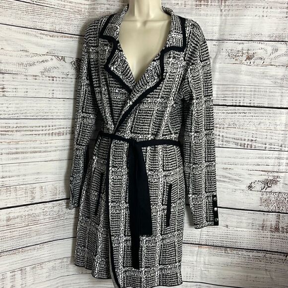 belldini cardigan womens Size petite Small belted Duster Knit striped Sweater - Picture 2 of 11